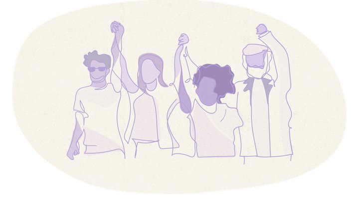 Stronger Democracy Award image: Four people raise and link their arms in protest