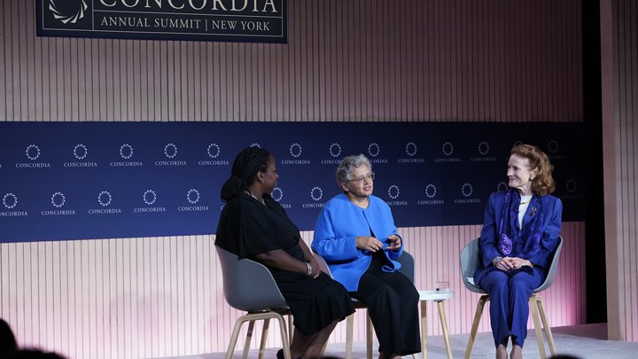 Carla Thompson Payton, Dr. Cecilia Conrad and T.H. Henrietta Fore speak onstage during the 2023 Concordia Annual Summit at Sheraton New York on September 20, 2023 in New York City.