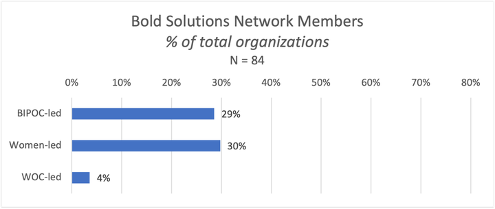 A bar graph demonstrating that BIPOC-led organizations make up 29% of Bold Solutions Network organizations, women-led 30%, and WOC-led 4%.