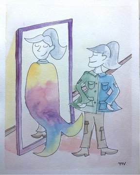 A drawing of a women looking at her reflection in the mirror. Her reflection wears a cape resembling a rainbow-colored mermaid tail.