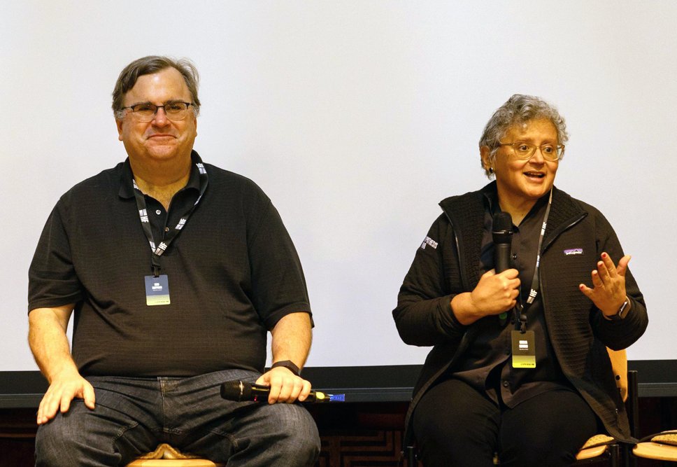 Reid Hoffman and Lever for Change CEO Cecilia Conrad at the Hypothesis Fund's annual retreat in October 2023