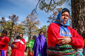 A group of Raramuri (Tarahumara) women dressed in traditional clothes near the town of Bocoyna, in the Sierra Tarahumara of the Mexican state of Chihuahua, an area very affected by drought, famine and the consequences of climate change.